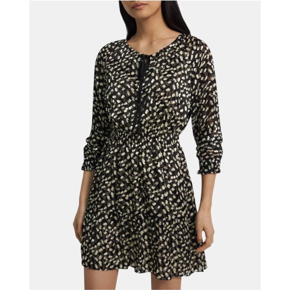 Theory Drawstring Silk Blend Square Long Sleeve Dress